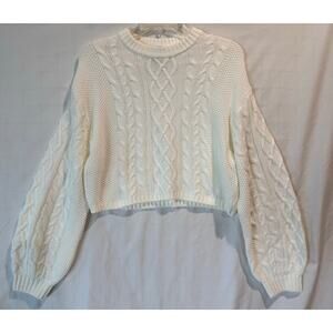 Women's Divided H&M white cropped cable knit sweater puff sleeves medium